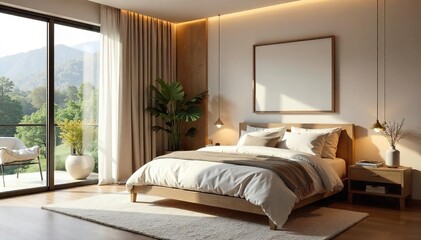 Serene bedroom sanctuary, promoting relaxation and healthy sleep  Soft lighting, calming colors, and cozy textures create a peaceful atmosphere for ultimate wellbeing ,  meditation,  sleep hygiene
