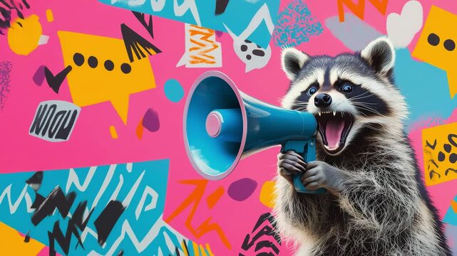 A raccoon enthusiastically holds a blue megaphone and shouts surrounded by bright and colorful abstract patterns