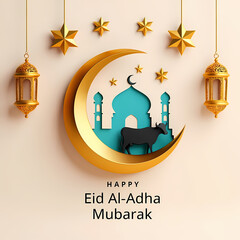 Festive eid al-adha mubarak design with crescent moon, mosque, cow, lanterns and stars