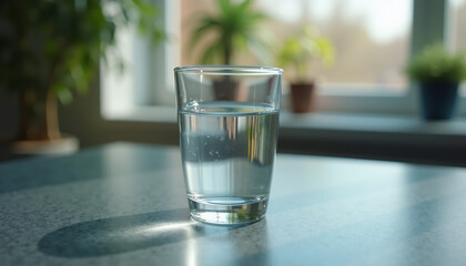 Water in a glass on reflective surface indoors focused with blurred background
