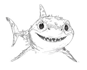 Fototapeta premium Adorable cartoon shark sketch, smiling, detailed scales and fins