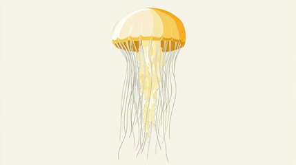 Bright yellow jellyfish, pale cream bell, long white tentacles