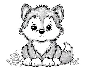 Adorable cartoon wolf pup, sitting amidst berries.  Sweet, simple line art