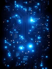 Fototapeta premium Glowing blue circuitry, intricate pathways and nodes, illuminated in a dark background, suggesting technological advancement or digital network