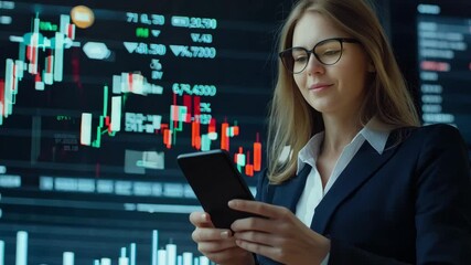 A woman in business attire reviews stock market trends using her smartphone in a modern finance office - Powered by Adobe
