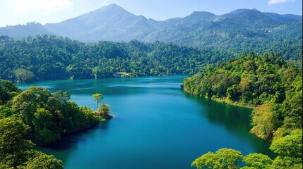Fototapeta premium Untouched Natural Beauty: Blue Lake Surrounded by Verdant Forests and Wildlife, a Tribute to Environmental Conservation