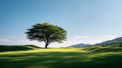 Large tree stands in a grassy field with a clear blue sky above. The tree is the focal point of the image, and the field is vast and open, giving the impression of a peaceful and serene environment