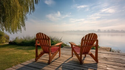 Two red chairs are on a wooden dock overlooking a body of water. The chairs are facing the water, and the scene is peaceful and serene