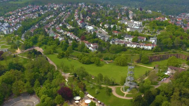 Aerial panoramic view around the city Stuttgart Killesberg in Germany on a sunny spring day