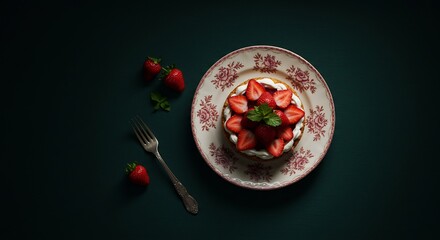 Overhead View of Strawberry Cake on Vintage Plate