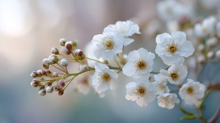 Close up of a white flower with a few buds showing. The flower is surrounded by a blue background