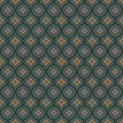 Elegant vector seamless pattern in oriental style. Abstract geometric floral ornament with curved shapes, simple flower silhouettes, grid, lattice. Stylish background in dark green, pink, yellow tones