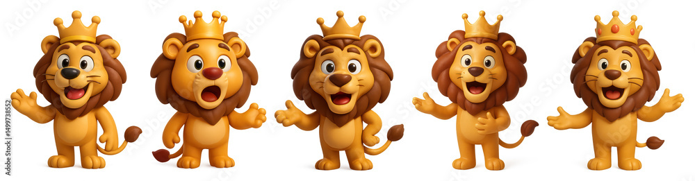 Wall mural png five cartoon lions with crowns, each with a joyful expression element set on transparent backgro