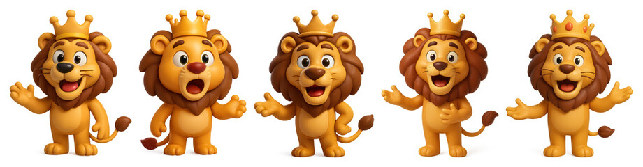 PNG Five cartoon lions with crowns, each with a joyful expression element set on transparent background.