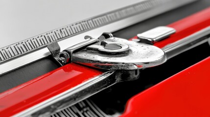 Close-up of a vintage red typewriter.  Metal parts, levers, and a blank paper area visible