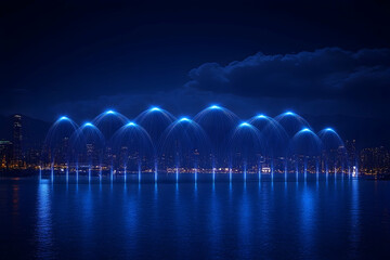 A nighttime view of radiant light displays over water with a cityscape and mountains in the background