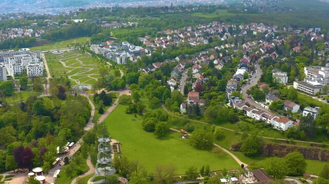 Aerial panoramic view around the city Stuttgart Killesberg in Germany on a sunny spring day