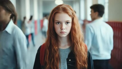 Teen girl with long red hair stands in a bustling high school hallway, reflecting quietly while other students move past during morning - Powered by Adobe