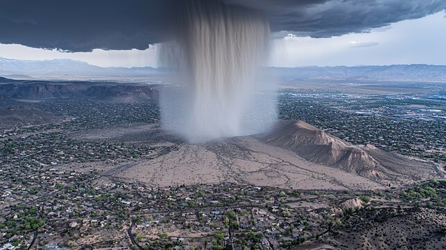view of sudden microburst rain bomb hitting a parched desert landscape, visually representing climate extremes and rapid environmental shifts. [Rain Bomb]:[Climate Change] rain bomb desert microburst 