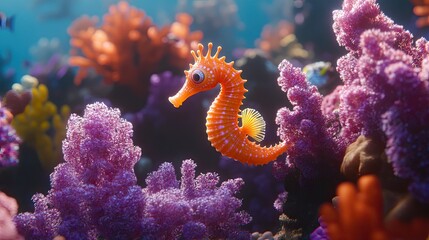 Obraz premium Orange seahorse amidst vibrant coral reef. Underwater scene