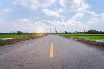 Rural small two lane asphalt road through rice fields power lines along roadside solar street lights flock of birds flying past sky white clouds rainbow after rain in Nakhon Pathom Thailand.