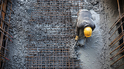 Construction workers pouring cement and securing steel mesh in a high rise building foundation