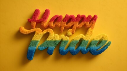Colorful Happy Pride celebration emphasizes inclusivity and diversity with vibrant typography on a sunny yellow backdrop for Pride Month