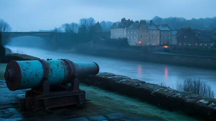 Misty river landscape featuring antique cannon and stately architecture along the waters edge