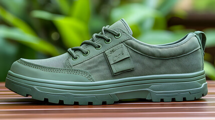 Olive Green Military Style Shoe Close-up on Wooden Surface and Natural Background