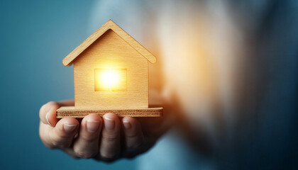 A person holds a glowing wooden house model symbolizing home and comfort.