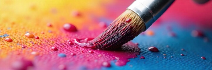 Fototapeta premium Close-up of a paintbrush, wet with vibrant paint, leaving a fresh stroke on a canvas The texture of the brush and paint are highly visible , creative, texture, masterpiece