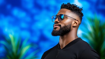 Handsome man is gazing upwards wearing sunglasses in front of a blurred blue and green background!