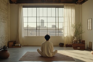 Serene Indoor Meditation Session in Modern Sunlit Space