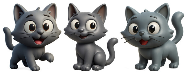 Fototapeta premium PNG Three cute cartoon gray cats with big eyes and smiles element set on transparent background.