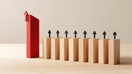 Conceptual leadership and innovation illustration with red block breaking away from uniform direction of other blocks