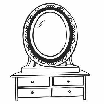 recommend clip art: Dressing table mirror with drawers - line art illustration in white background