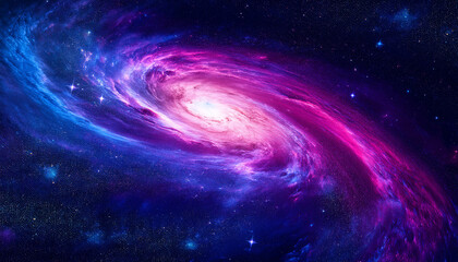 Fototapeta premium Ultra deep space background, glowing nebula with vivid purple, blue and pink colors, swirling galaxy center, sparkling stars and cosmic dust, high contrast, sci-fi atmosphere, photorealistic style.