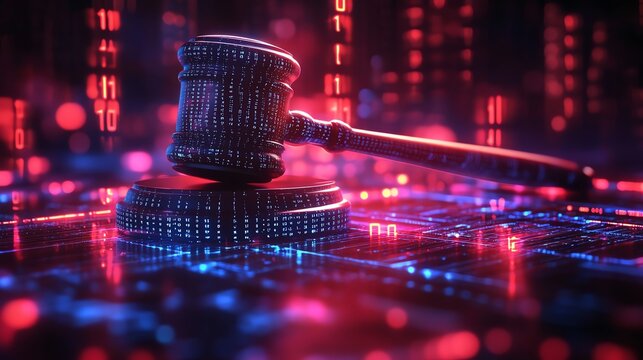 Digital gavel on a tech-themed background with glowing binary code. - Powered by Adobe