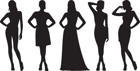 Five fashionable female silhouettes posing gracefully