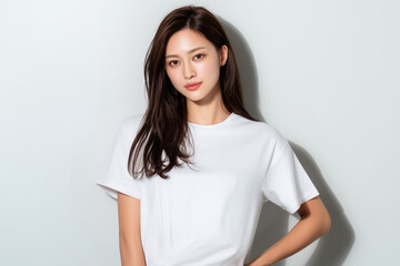 白Tシャツを着た日本人女性モデルのポートレート / AI