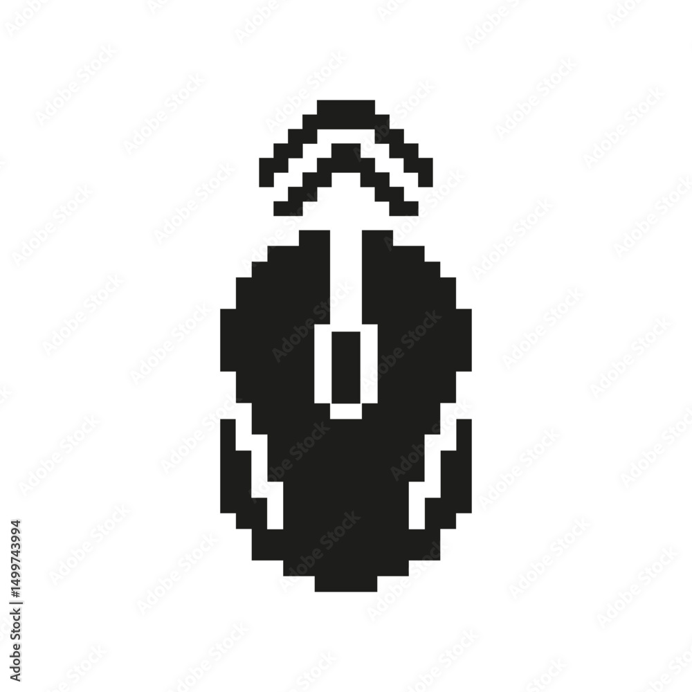 Poster computer mouse pixel art icon. wireless connectivity and computer control symbol. retro gaming and t