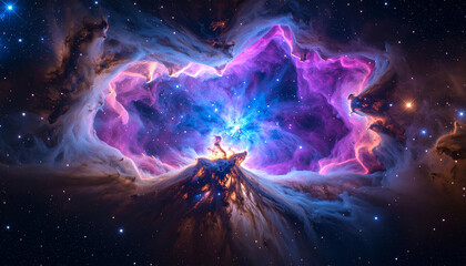 Ultra deep space background, glowing nebula with vivid purple, blue and pink colors, swirling galaxy center, sparkling stars and cosmic dust, high contrast, sci-fi atmosphere, photorealistic style.