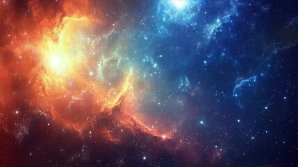 Naklejka premium Fiery orange and cool blue nebulae collide in a cosmic dance of stars and gas
