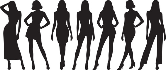 Seven silhouettes of fashion models posing