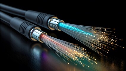 Illuminating the Path High-speed data transmission through glowing fiber optic cables, a technological marvel, showcasing vibrant light streams.