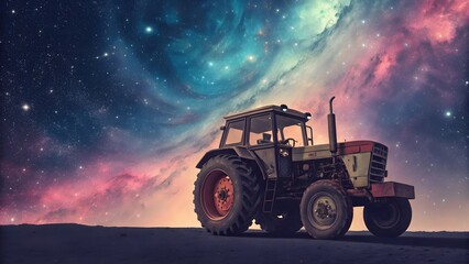Obraz premium Galactic Tractor A lone farm vehicle stands silhouetted against a breathtaking cosmic backdrop of swirling nebulae and distant stars, a surreal juxtaposition of the earthly and the infinite.