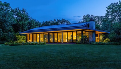 Obraz premium Modern home at twilight, lit windows, tranquil setting