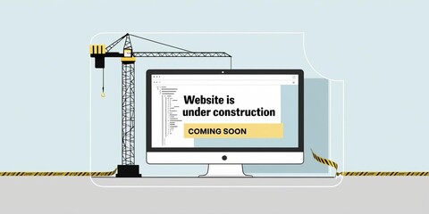 Minimalist illustration of a computer screen with bold text indicating website under construction coming soon