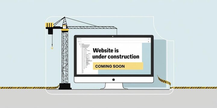 Minimalist illustration of a computer screen with bold text indicating website under construction coming soon