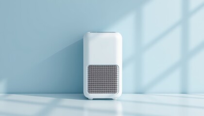 A white air purifier with a black and white design sits on a blue wall